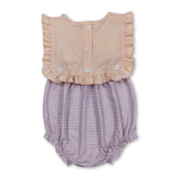 Mini Rodeo purple stripe ruffle baby girl romper, summer bubble dress with playful design and comfortable fabric.