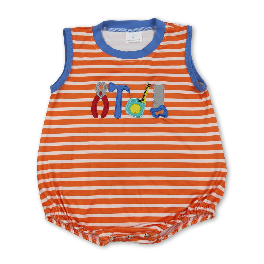 Sleeveless orange stripe boy romper with embroidered tools, made by Mini Rodeo, featuring a playful bubble design for young boys.