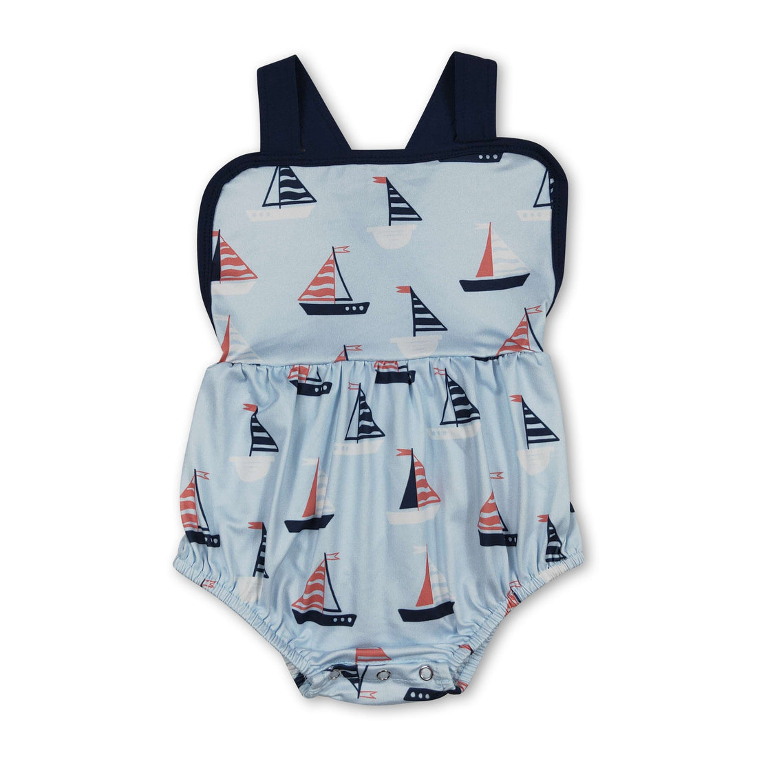 Mini Rodeo blue straps boy romper with bubbles design, perfect for summer and 4th of July celebrations for baby boys.