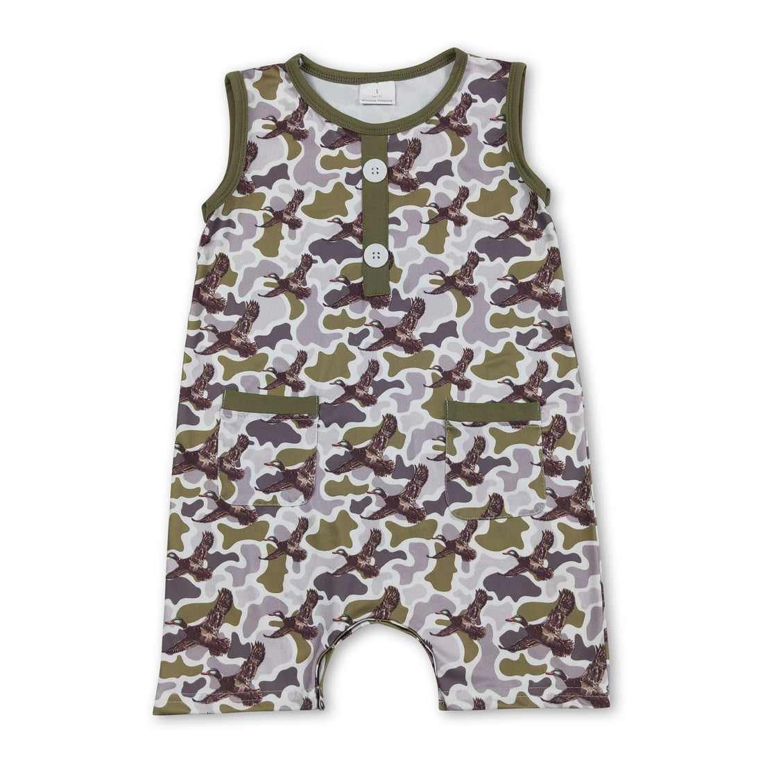Baby boy sleeveless camo romper with duck pocket details, suitable for summer, by Mini Rodeo.