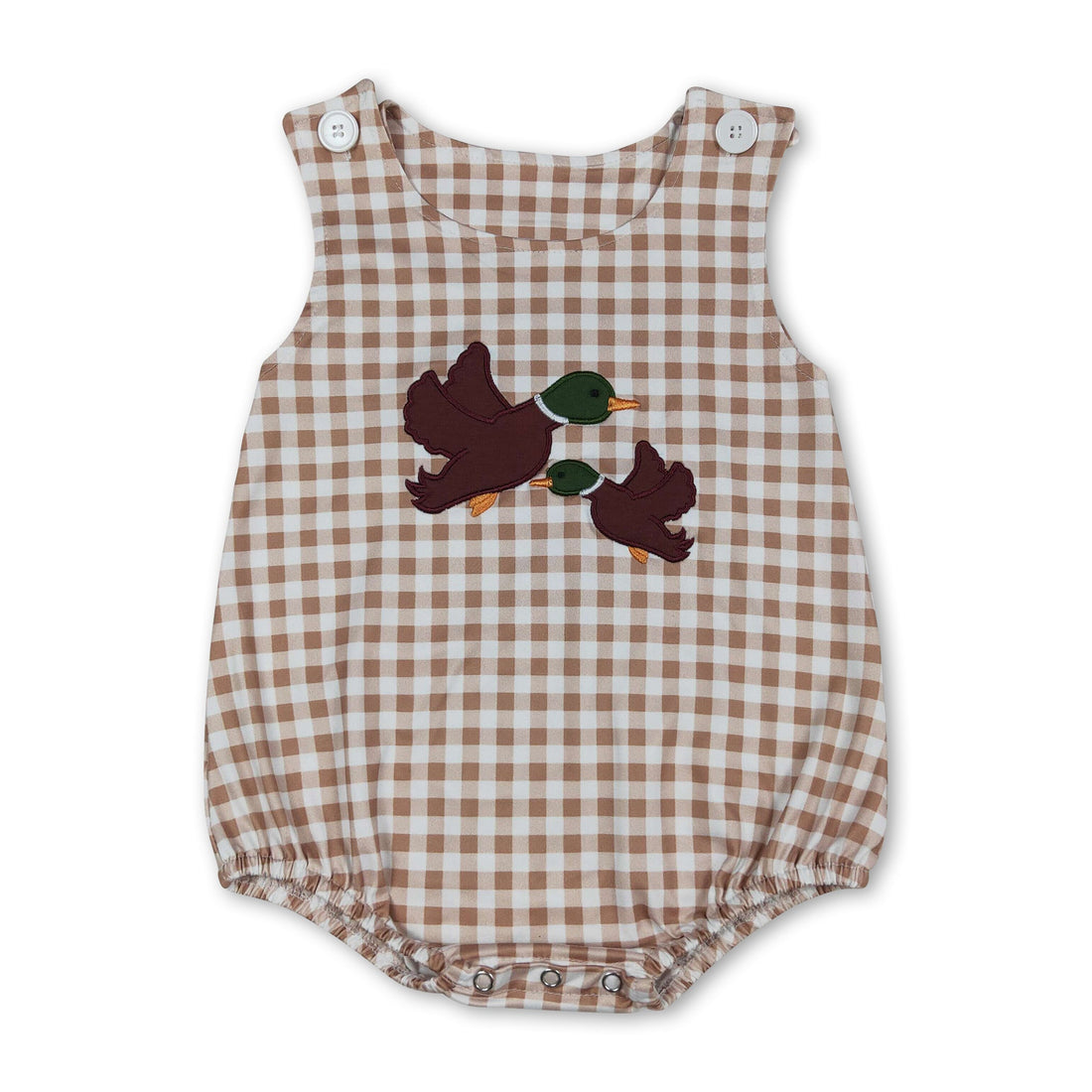 Baby boy romper with sleeveless plaid and duck embroidery from Mini Rodeo, featuring a cute, comfortable design for little boys.