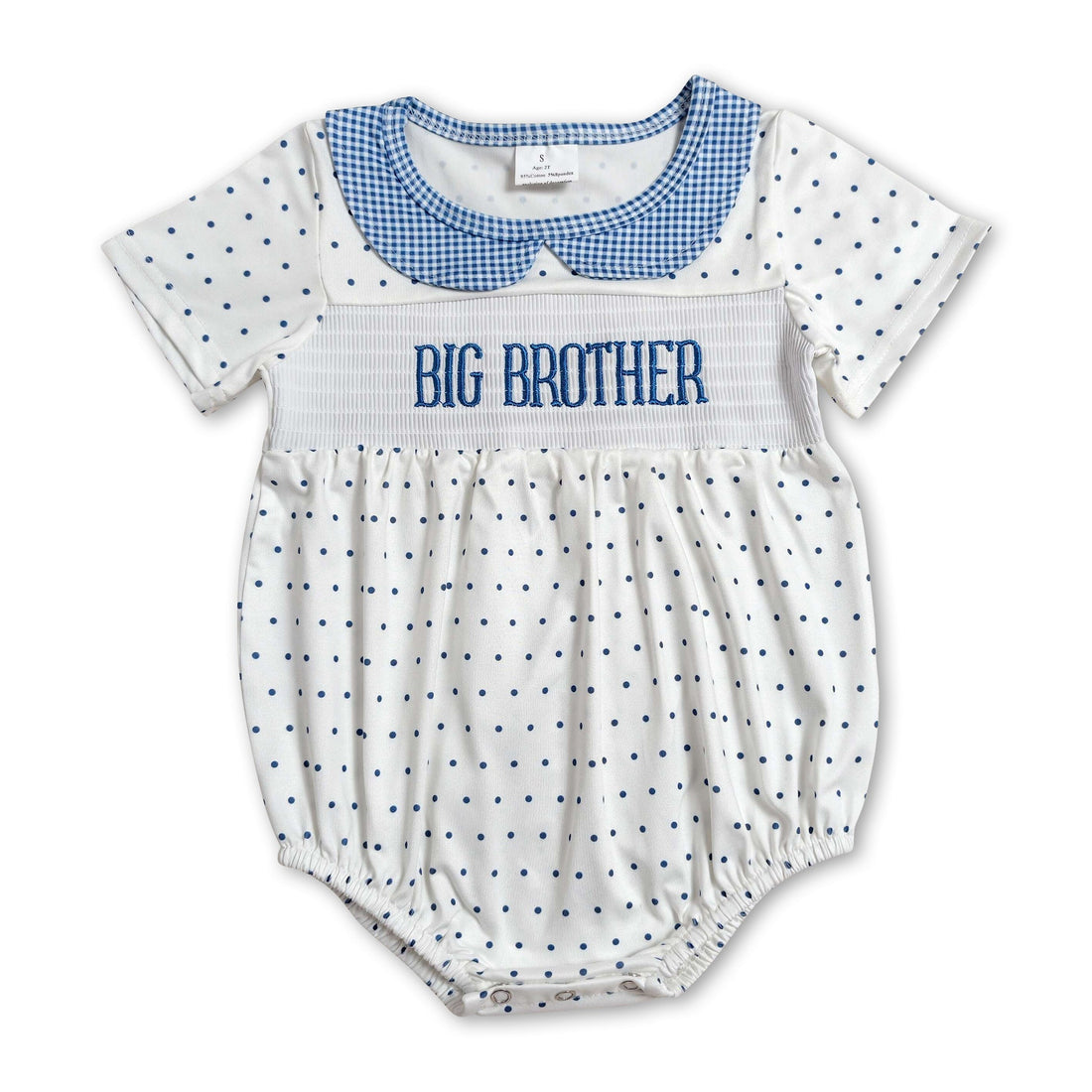 Mini Rodeo boy bubbles romper with short sleeves, polka dot pattern, and smocked design for baby boys.