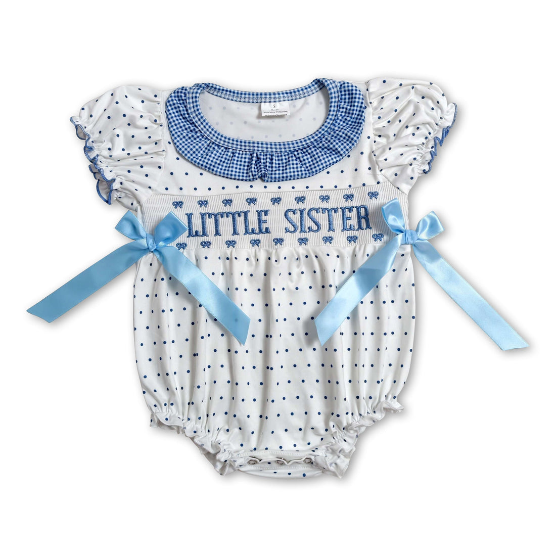 Mini Rodeo girl bubbles romper with short sleeves, polka dots, and smocked details for little sister baby girl.