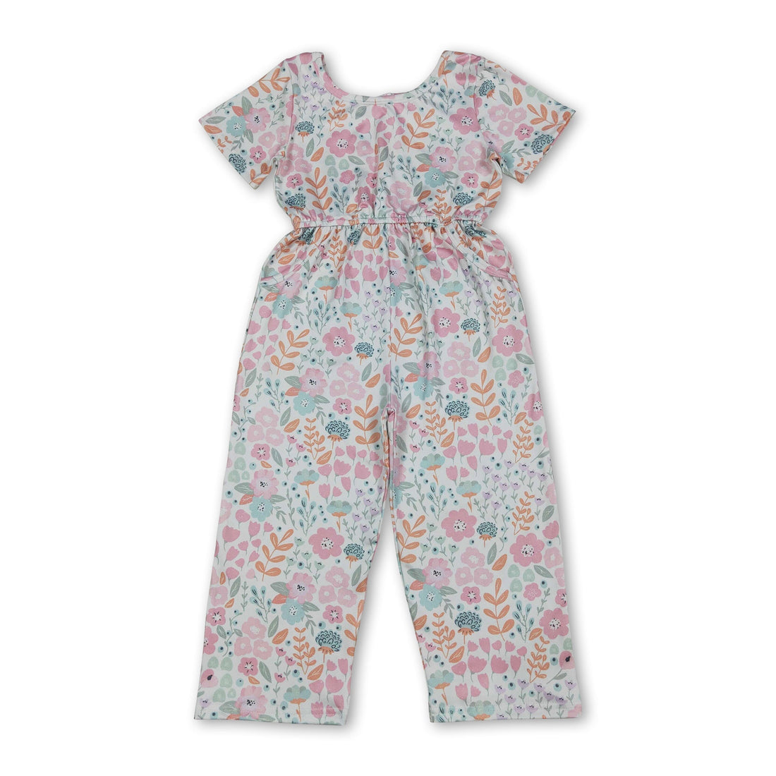 Pink floral girl jumpsuit with short sleeves and pockets by Mini Rodeo, perfect for kids girls.