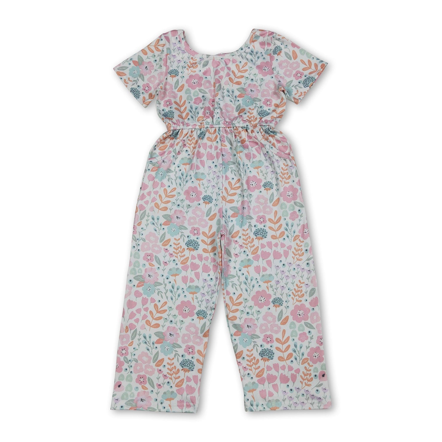 Short sleeves pink floral pockets kids girls jumpsuit
