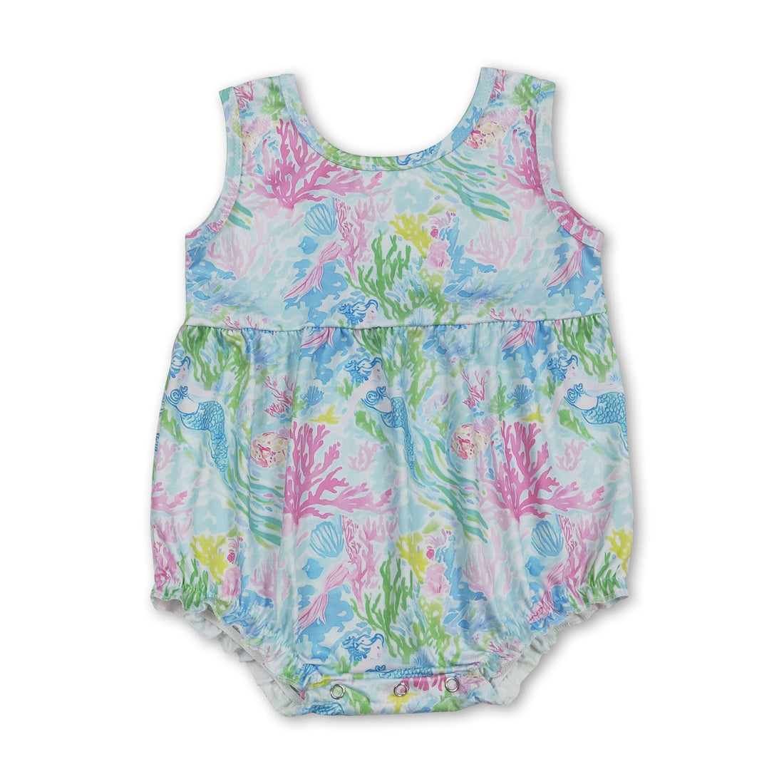 Baby girl summer romper by Mini Rodeo featuring sleeveless watercolor coral design and bubble-style fit.