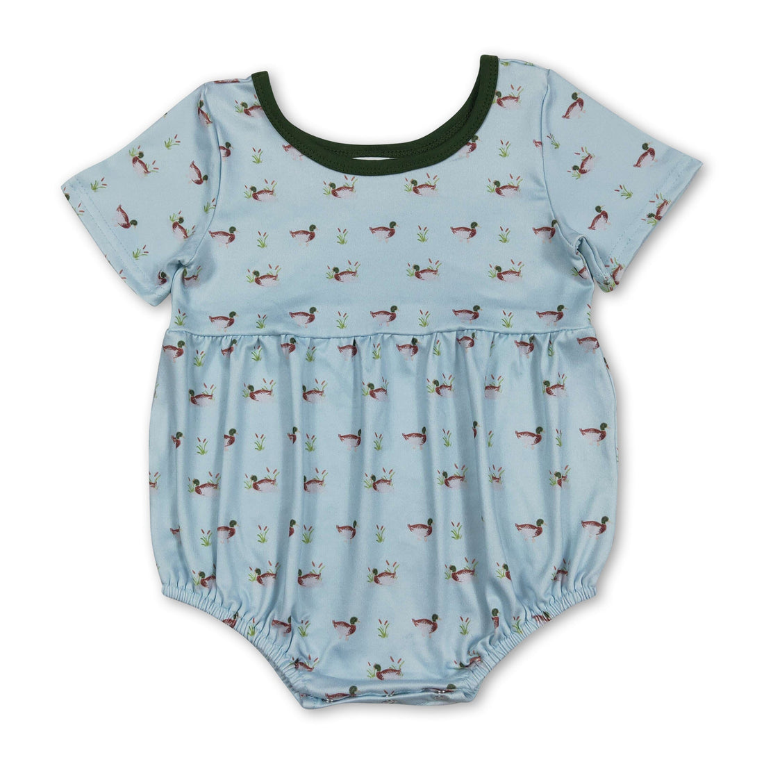 Light blue duck print short sleeve romper for baby boys by Mini Rodeo, perfect for summer and warm weather.