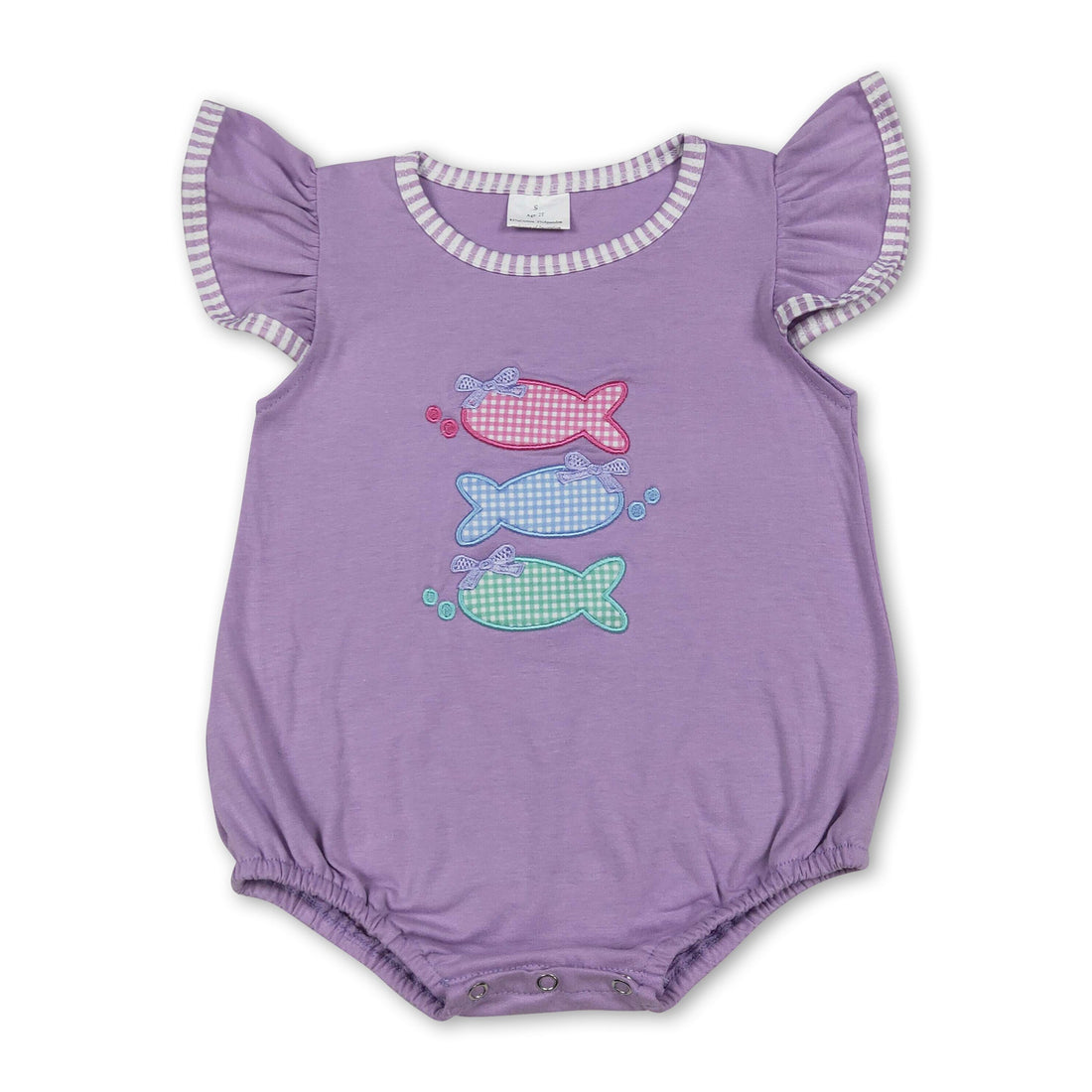 Mini Rodeo lavender girl bubbles romper with flutter sleeves and fish bow detail, perfect for summer baby girl fashion.