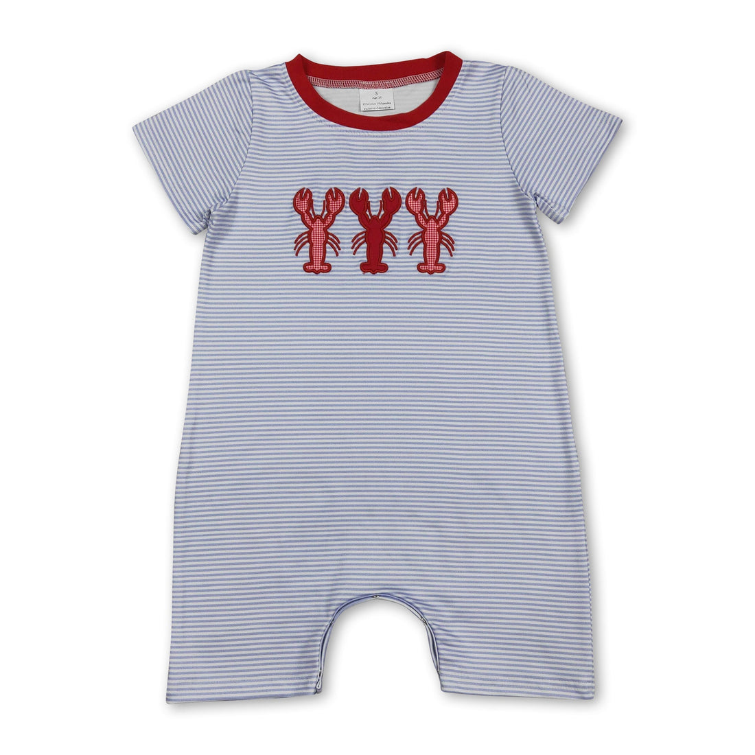 Mini Rodeo baby boy romper with short sleeves and colorful stripe crawfish pattern, perfect for summer wear.