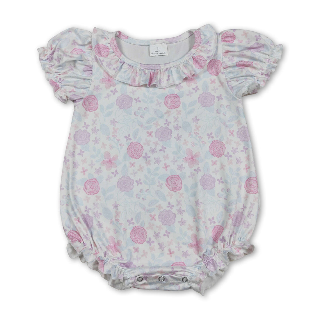 Pink lavender floral ruffle baby girl romper from Mini Rodeo with short sleeves, perfect for warm weather.