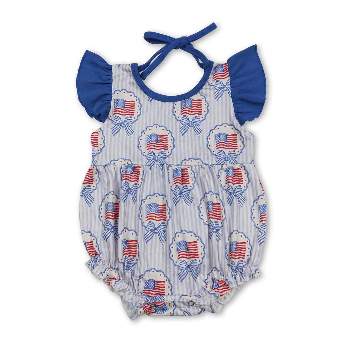 Mini Rodeo girl bubble romper with flutter sleeves, bow, and flag stripe pattern for 4th of July celebrations.