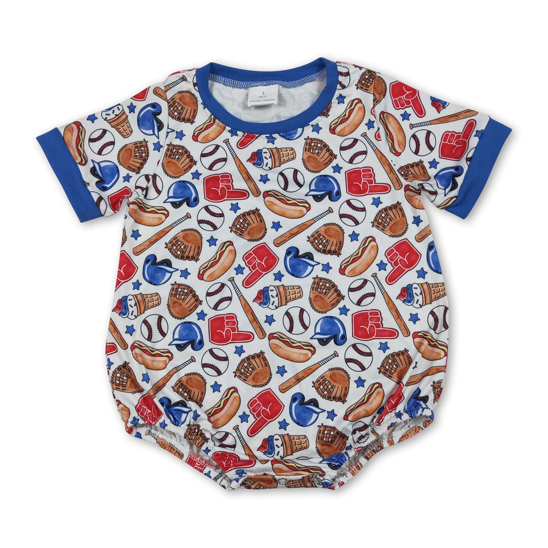 Mini Rodeo boy bubbles summer romper with short sleeves for baby boys, featuring a playful baseball design.