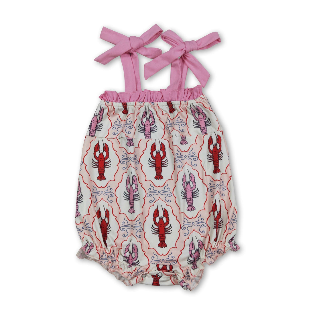 Mini Rodeo girl bubbles romper with ruffle straps and crawfish print, perfect for summer baby girls&