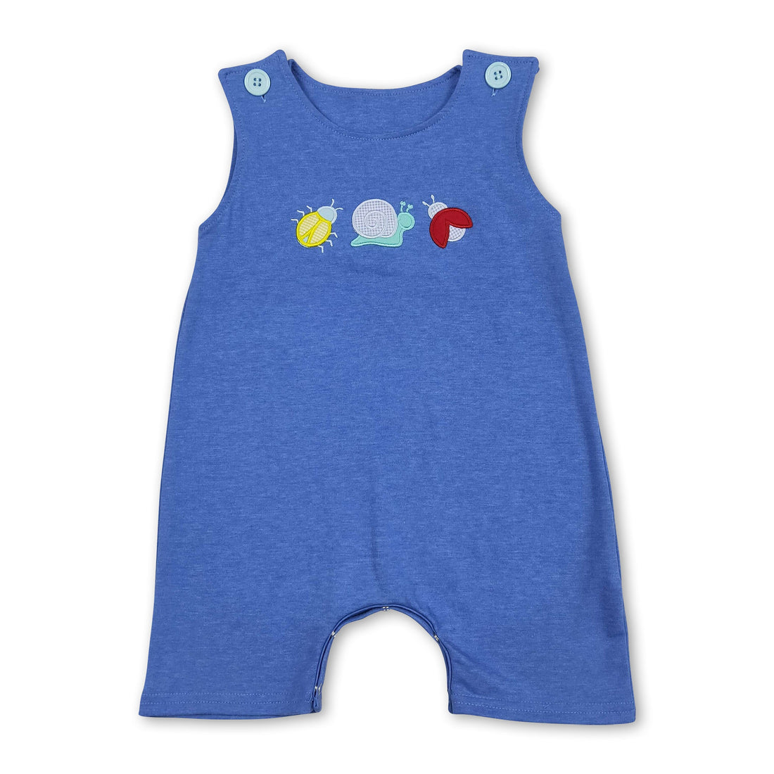 Cute sleeveless cotton baby boy romper with snail embroidery from Mini Rodeo, featuring a comfortable design for warm weather.