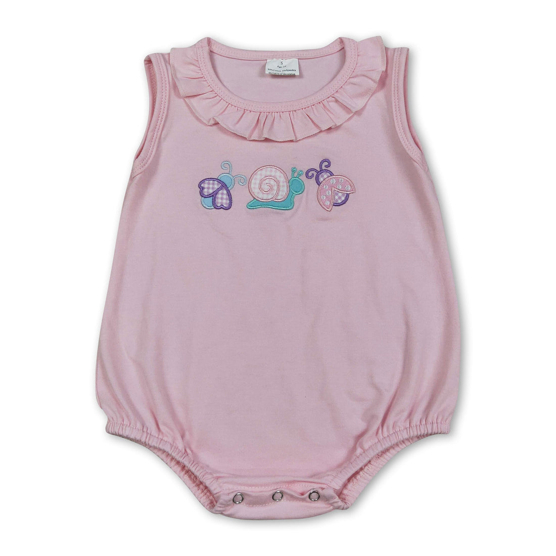 Baby girl romper with ruffle sleeves and bee snail embroidery, sleeveless design, by Mini Rodeo, perfect for warm weather.