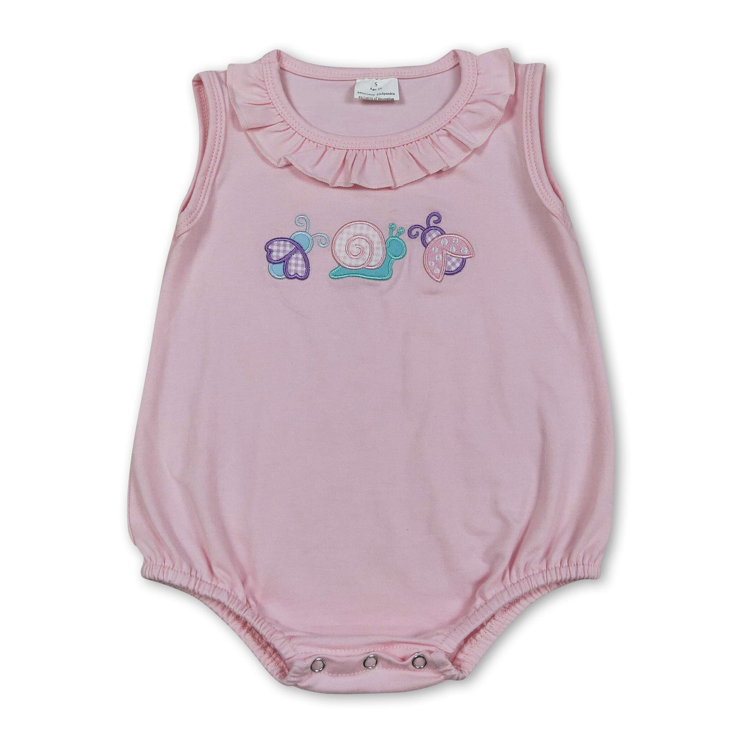 Ruffle sleeveless bee snails embroidery baby girls romper