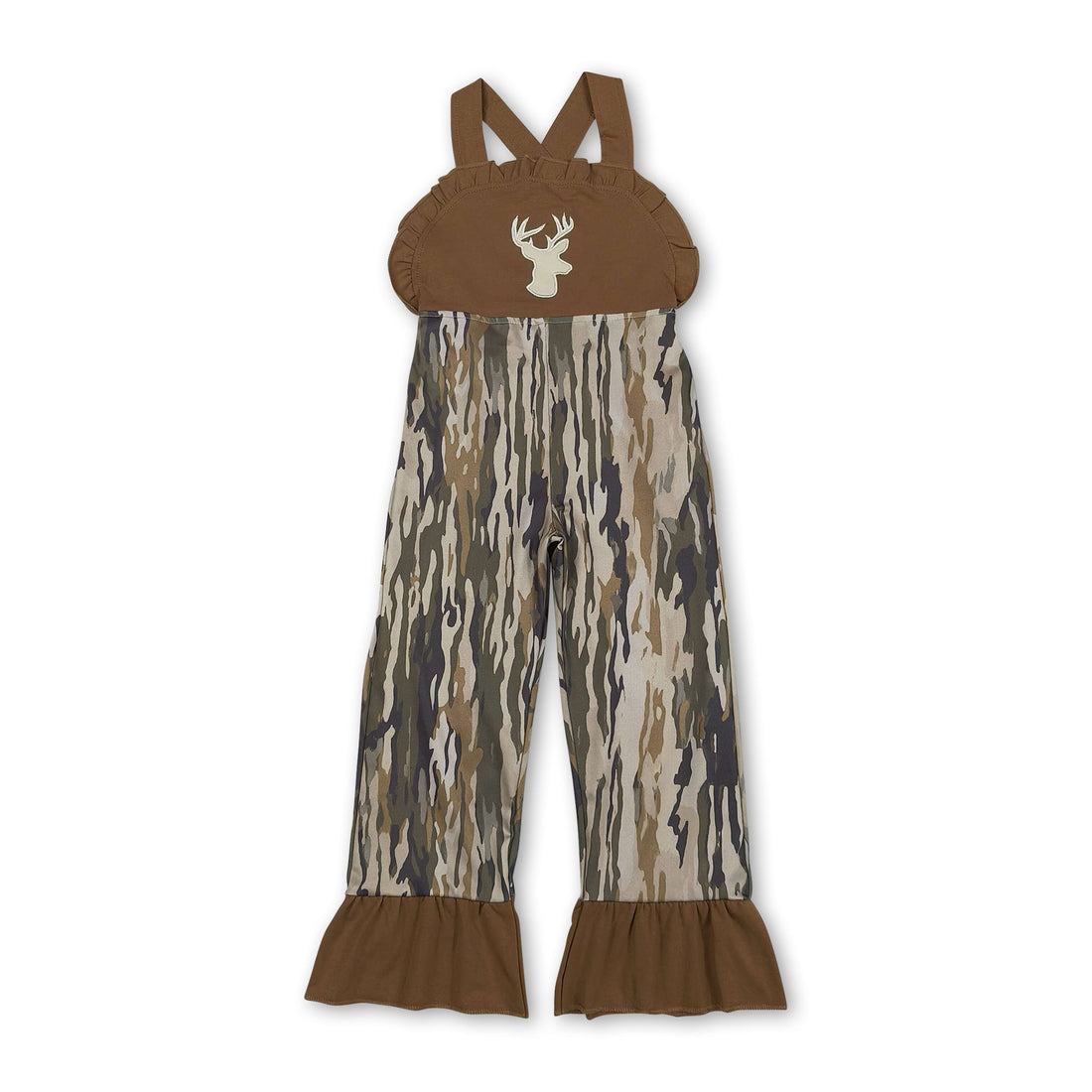 Brown deer embroidery ruffle camo girls jumpsuit by Mini Rodeo, featuring playful design and comfortable fit for kids.