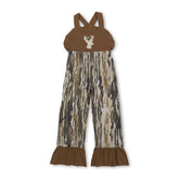 Brown deer embroidery ruffle camo girls jumpsuit by Mini Rodeo, featuring playful design and comfortable fit for kids.