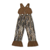 Brown deer embroidery ruffle camo girls jumpsuit by Mini Rodeo, featuring playful design and comfortable fabric for kids.