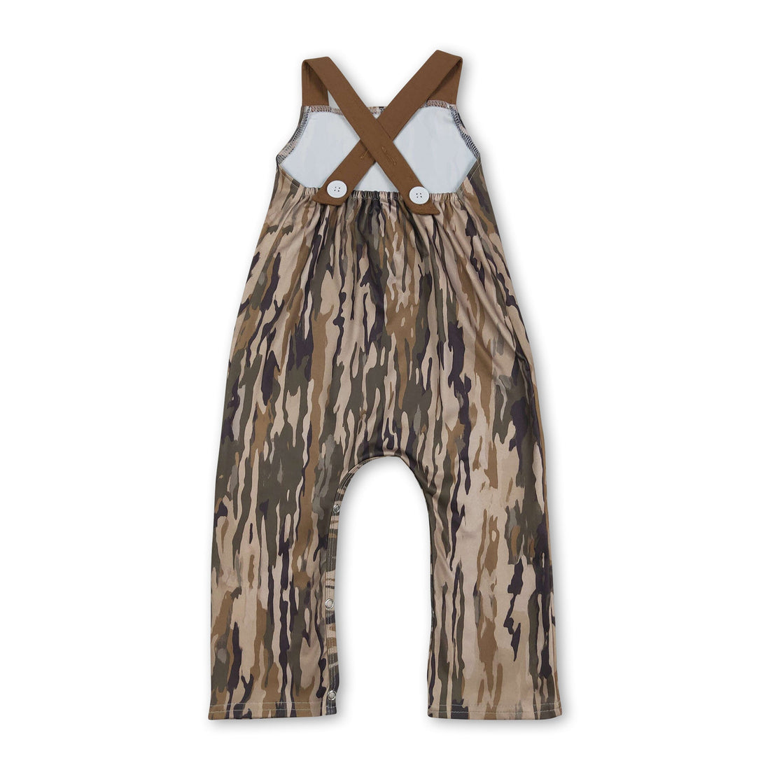 Mini Rodeo brown straps deer embroidery camo baby boy jumpsuit with pocket, casual romper for little boys, comfortable and stylish.