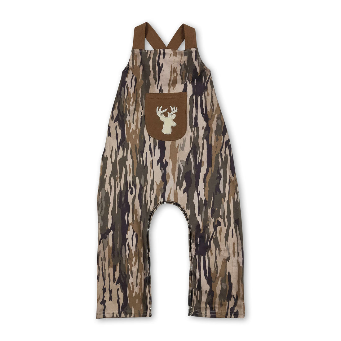 Mini Rodeo baby boy romper with brown straps, deer embroidery, and camo pocket, featuring a cute jumpsuit design.