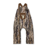 Mini Rodeo baby boy romper with brown straps, deer embroidery, and camo pocket, featuring a cute jumpsuit design.