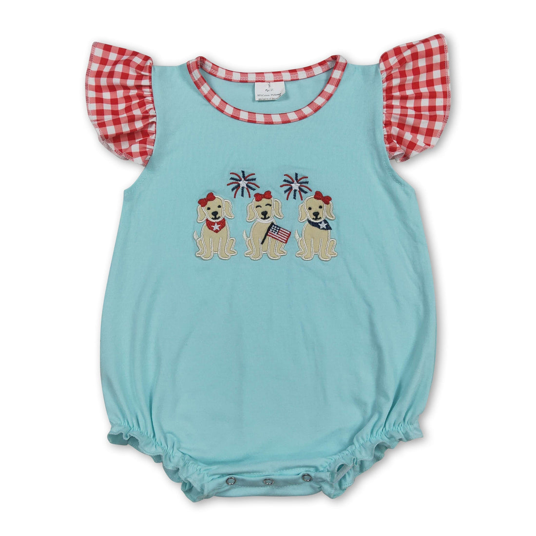 Mini Rodeo girl bubbles romper with flutter sleeves, flag dog embroidery, perfect for 4th of July celebrations.