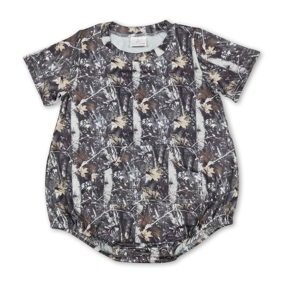 Mini Rodeo boy romper with short sleeves, camouflage pattern, front pocket, perfect for summer baby boy casual wear.