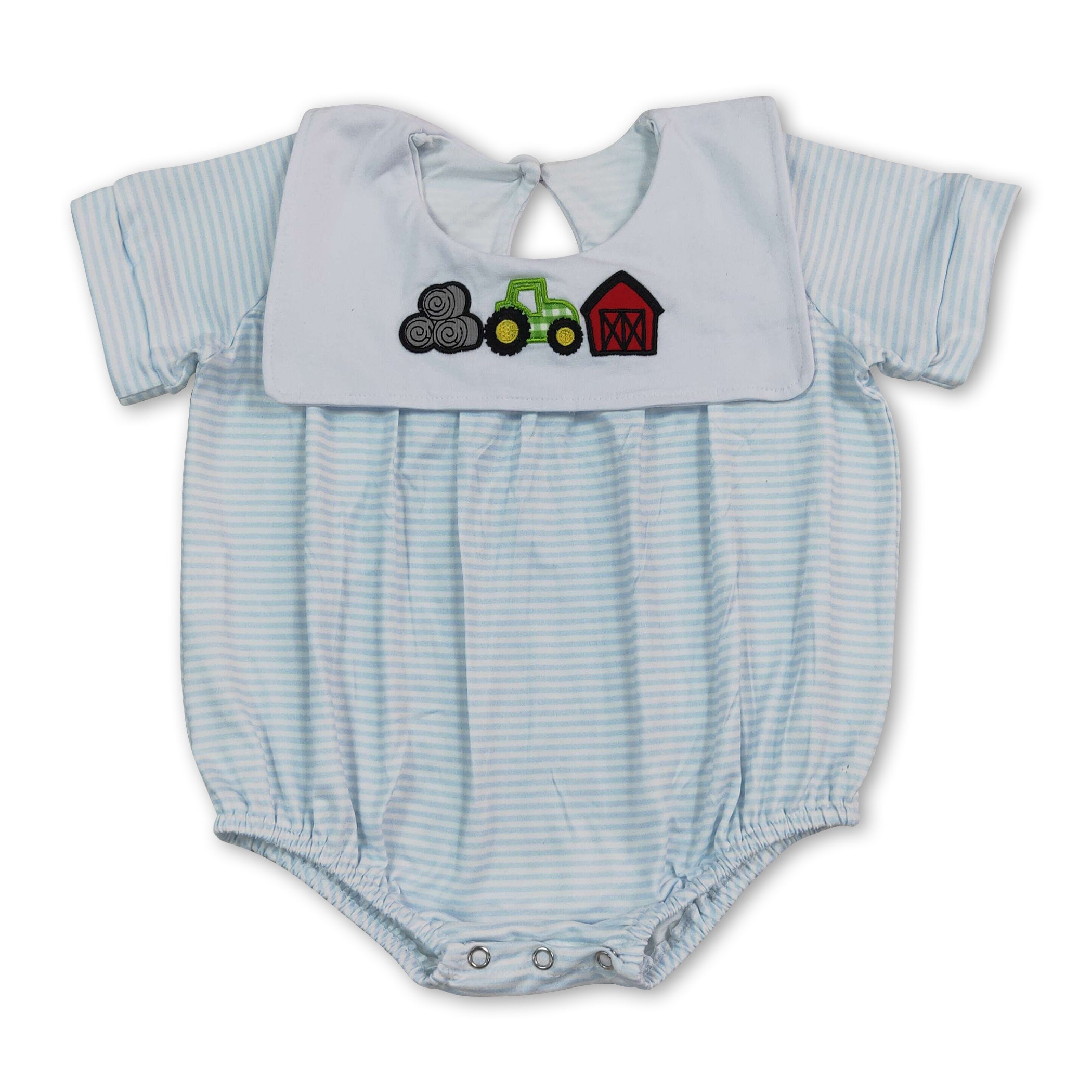 Short sleeves stripe farm tractor embroidery boy romper