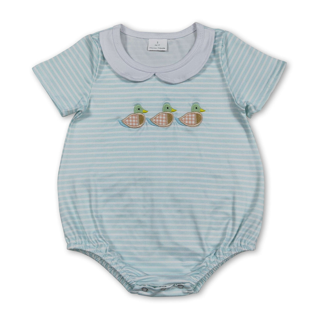 Baby boy summer romper with short sleeves and duck embroidery, Mini Rodeo boy bubbles romper for warm weather.