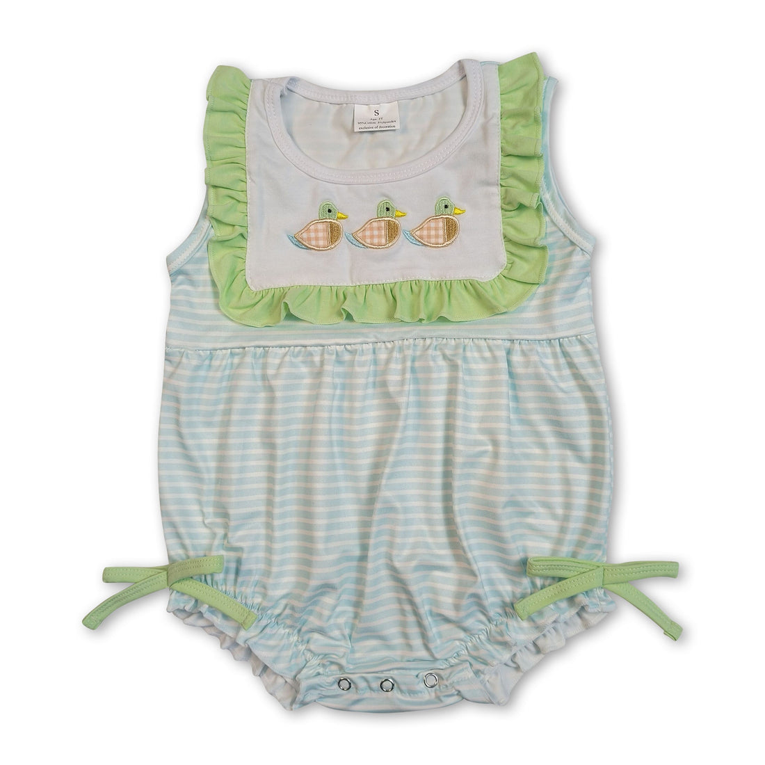 Baby girl summer romper by Mini Rodeo featuring sleeveless design and embroidered duck pattern, perfect for warm weather.