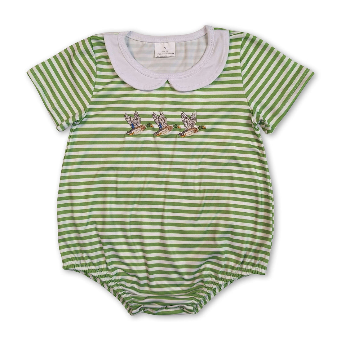 Mini Rodeo baby boy summer romper with green stripe duck embroidery, made of soft fabric, featuring short sleeves and playful design.