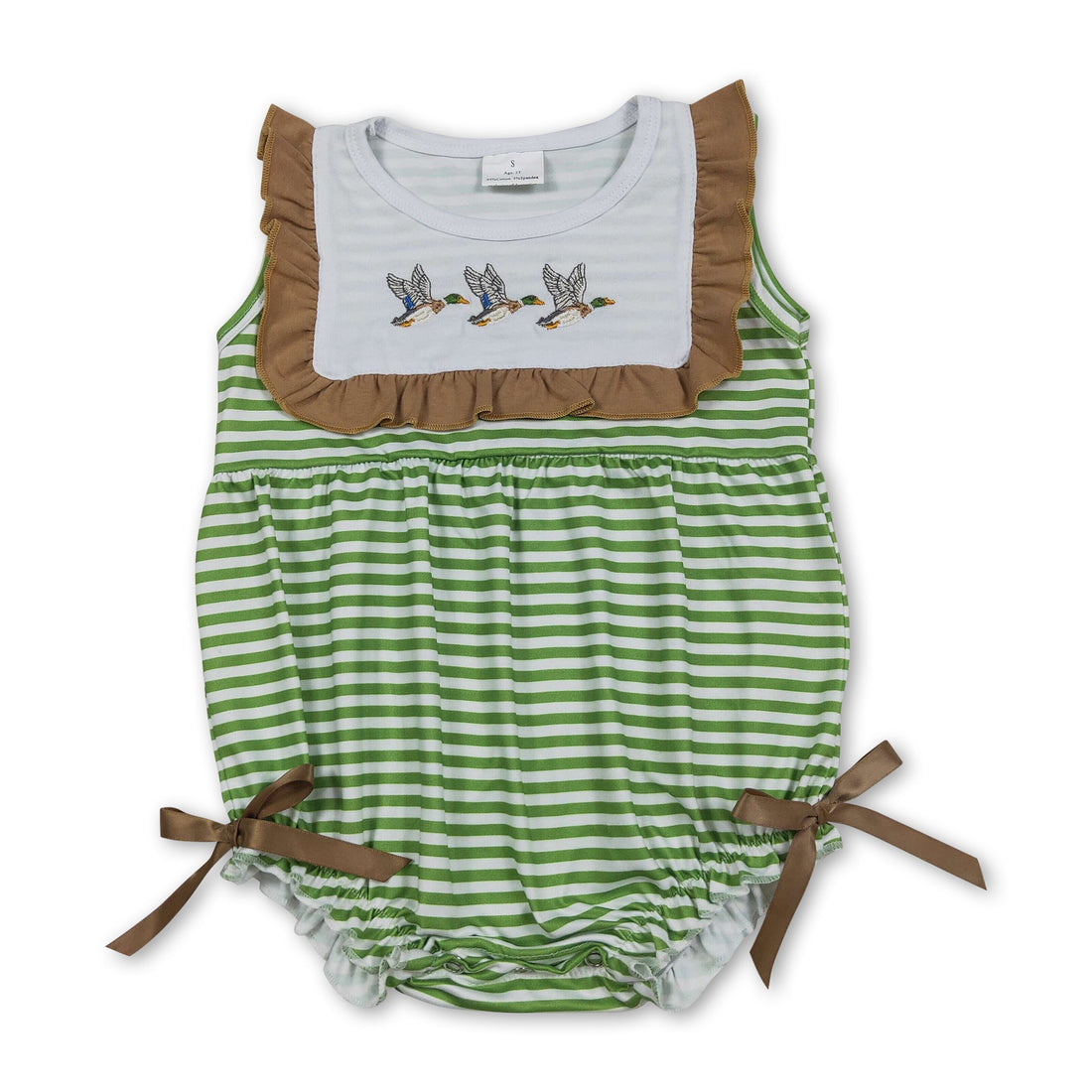 Baby girl romper with sleeveless duck embroidery and stripe pattern by Mini Rodeo, featuring a cute and comfortable design.