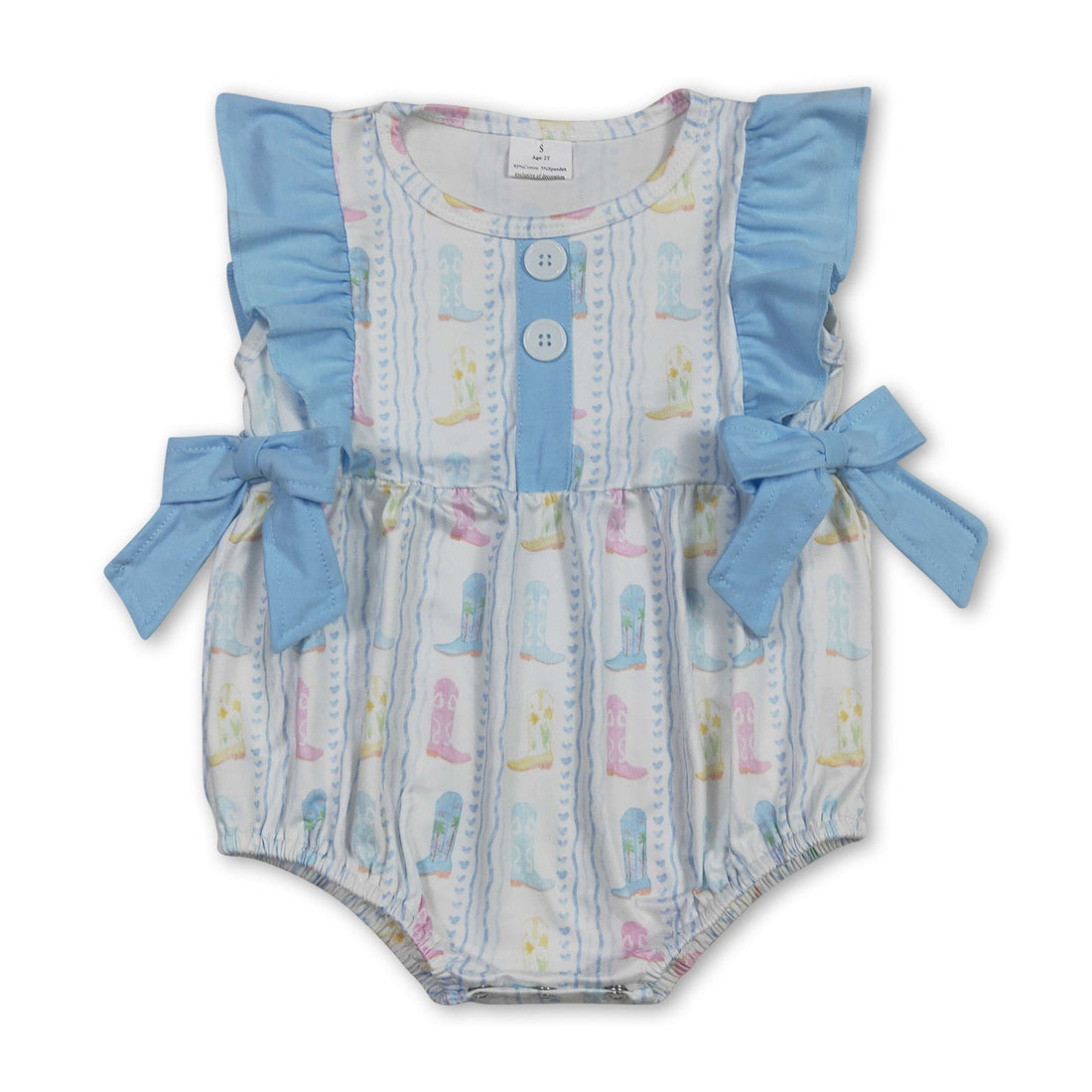 Mini Rodeo girl romper with flutter sleeves, heart design, and bubble-style shorts, perfect for baby girls&