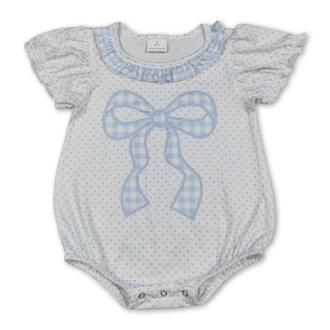 Mini Rodeo girl bubbles romper with short sleeves, polka dots, and bow, perfect for baby girls&