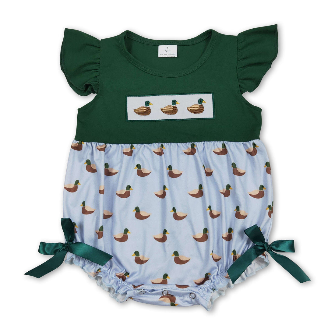 Baby girl summer romper with flutter sleeves and duck embroidery by Mini Rodeo, featuring a cute girl bubble design.