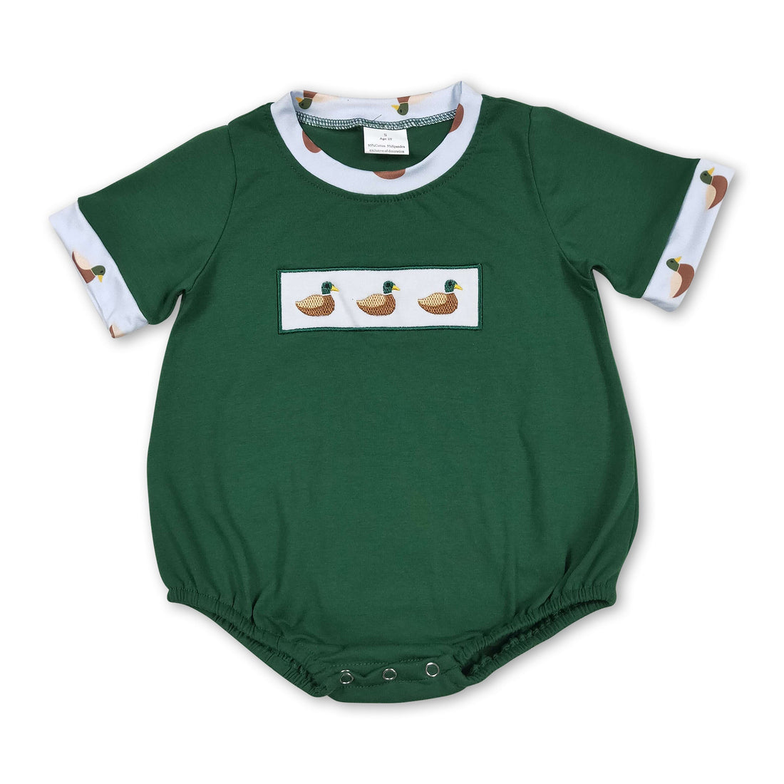 Green baby boy romper with short sleeves and duck embroidery, Mini Rodeo boy bubbles summer outfit for little boys.