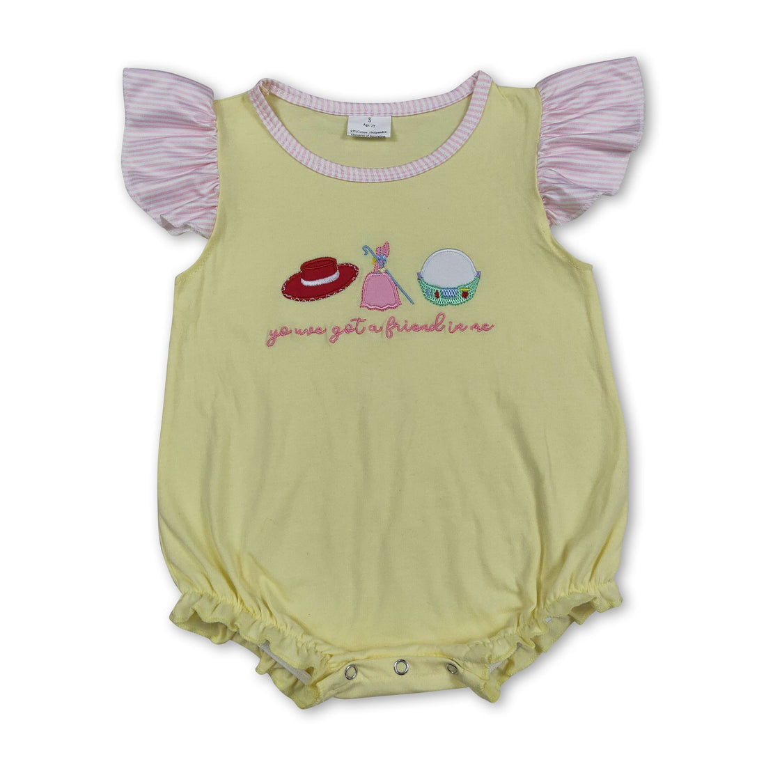 Baby girl summer romper with flutter sleeves, embroidery, and bubble design by Mini Rodeo. Light, breathable fabric for warm weather.