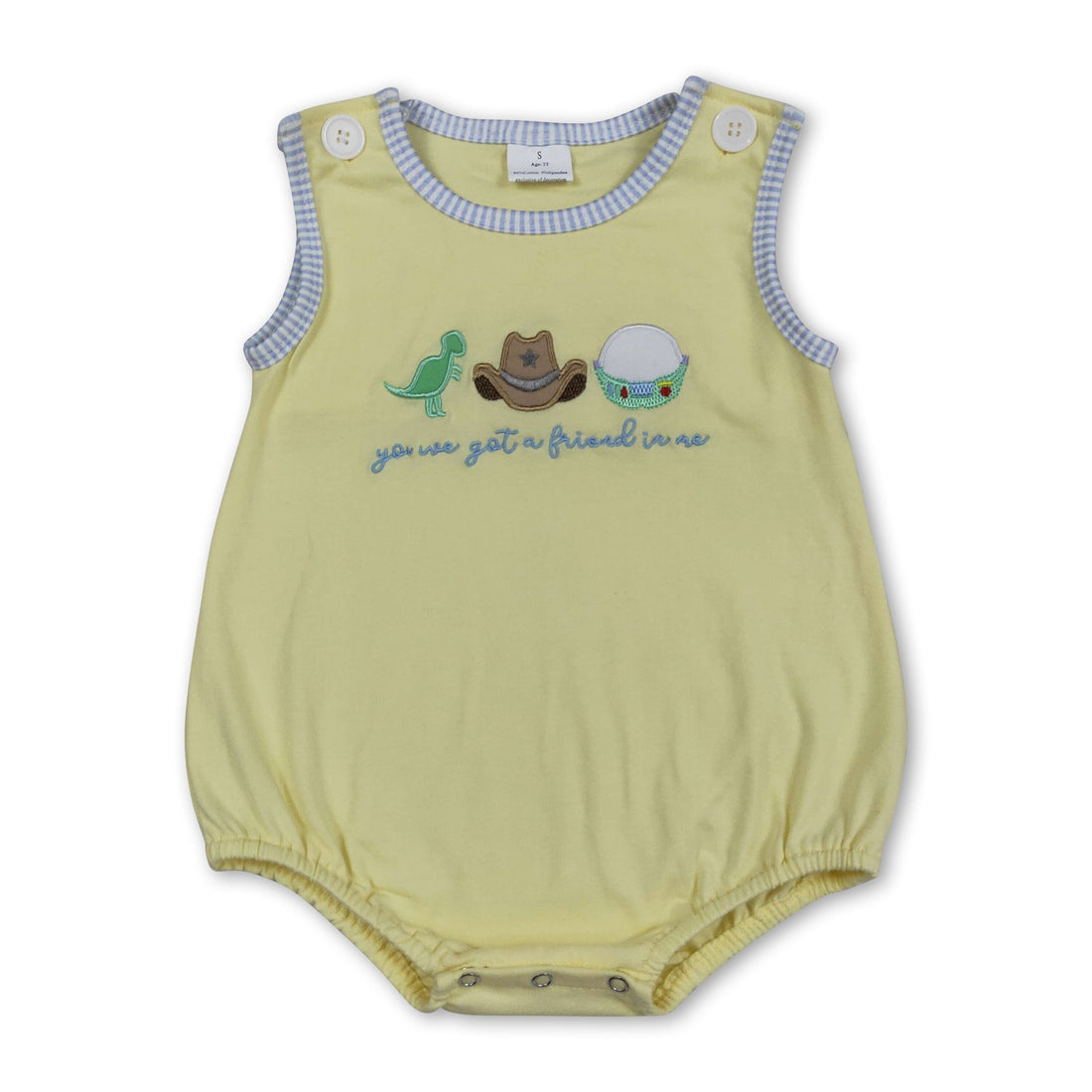 Yellow dinosaur embroidery baby boy summer romper from Mini Rodeo, cute boy bubbles romper with playful dinosaur design.