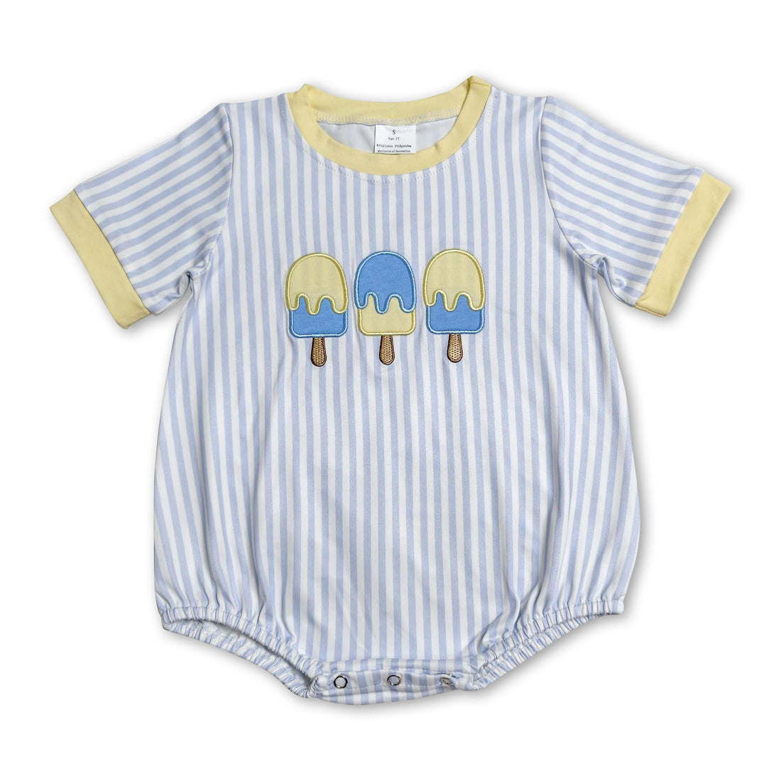 Mini Rodeo boy romper with short sleeves and colorful stripe popsicle embroidery, perfect for casual summer wear.