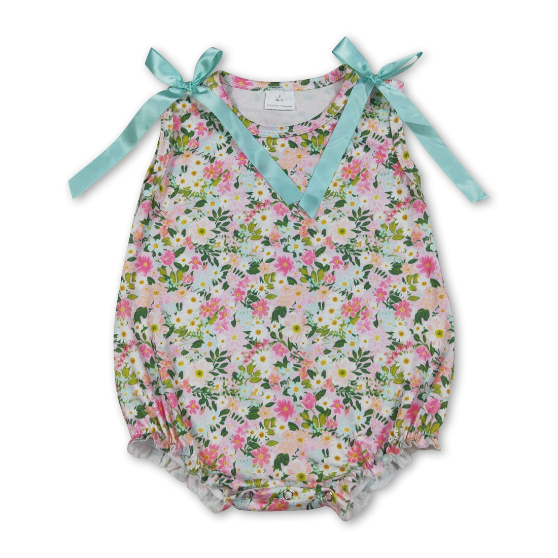Pink floral sleeveless baby girls summer romper from Mini Rodeo Girl Bubbles collection, featuring a cute and comfortable design.