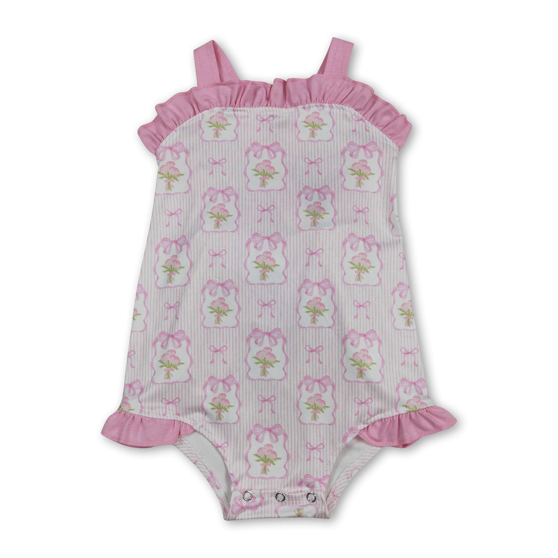 Pink striped bow floral baby girl romper with summer straps and floral pattern, made by Mini Rodeo.