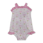 Pink striped bow floral baby girl romper with summer straps and floral pattern, made by Mini Rodeo.