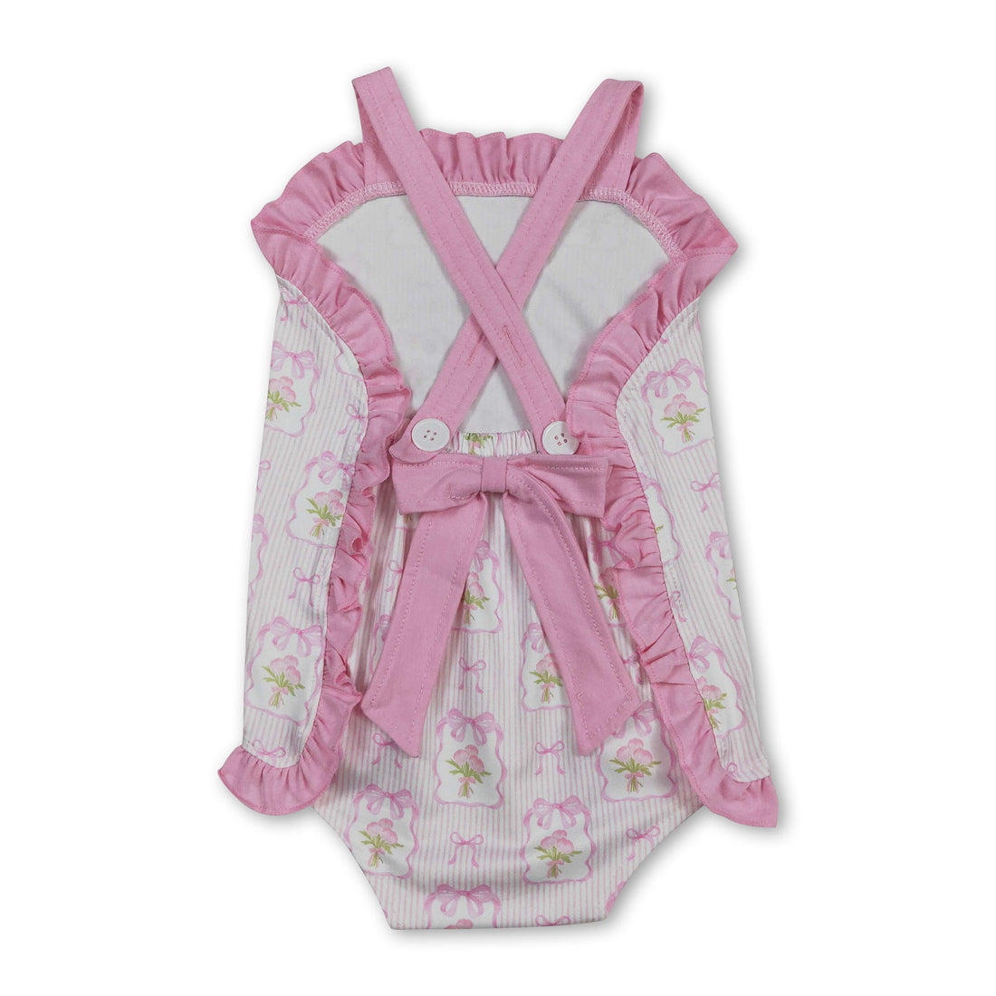 Pink straps floral girl romper by Mini Rodeo with bow and stripe accents, perfect for summer baby girl outfits.