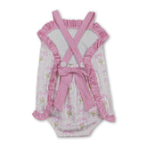 Pink straps floral girl romper by Mini Rodeo with bow and stripe accents, perfect for summer baby girl outfits.