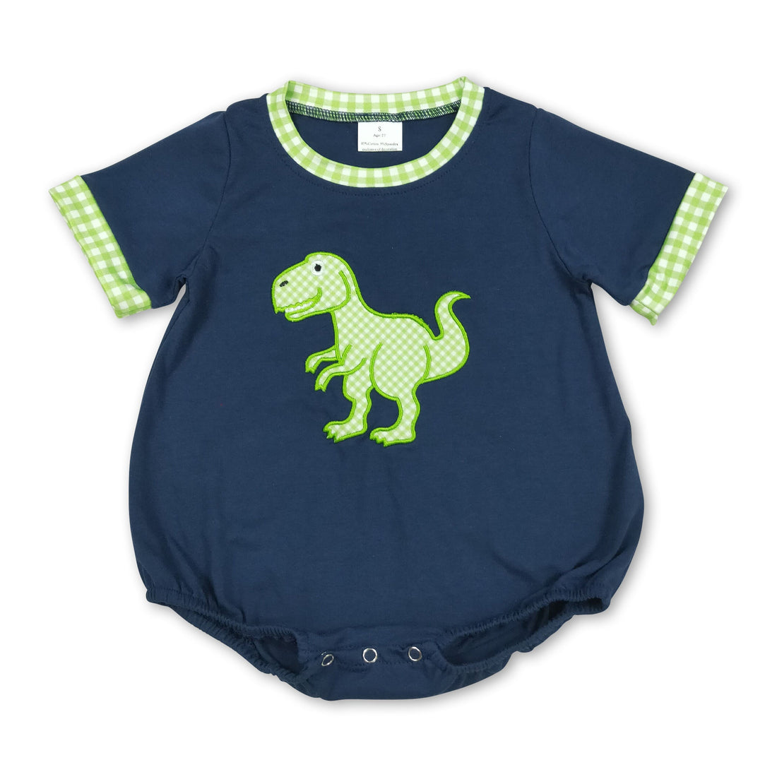 Baby boy summer romper with short sleeves and dinosaur embroidery by Mini Rodeo, featuring a cute and comfortable design.