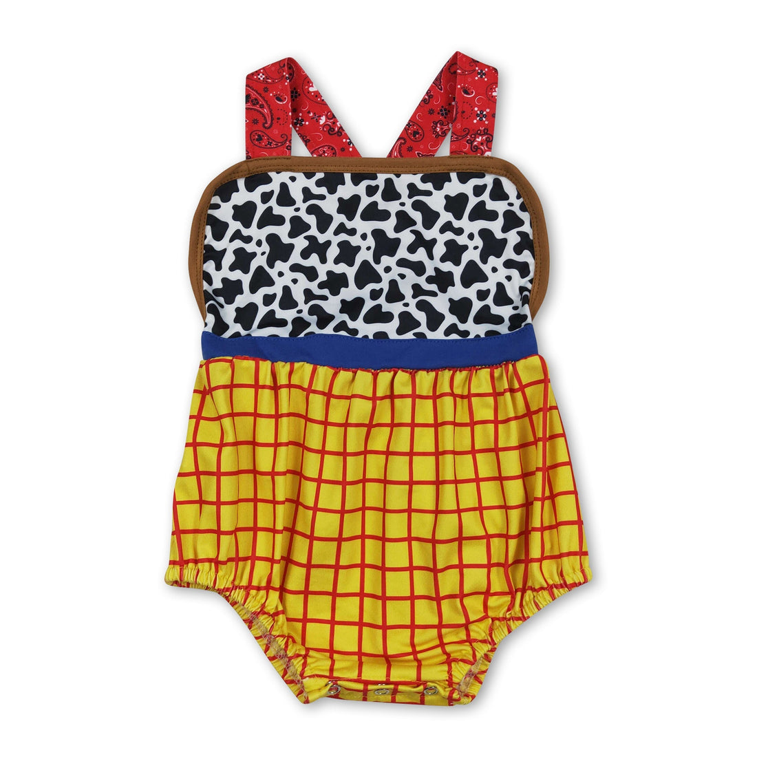 Mini Rodeo cow plaid baby boy summer romper with straps, sleeveless design, and classic plaid pattern for a cute, comfortable look.