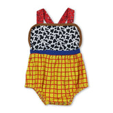 Mini Rodeo cow plaid baby boy summer romper with straps, sleeveless design, and classic plaid pattern for a cute, comfortable look.