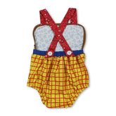 Mini Rodeo cow plaid baby boy summer romper with straps, featuring a cute boy bubble design in soft, breathable fabric.