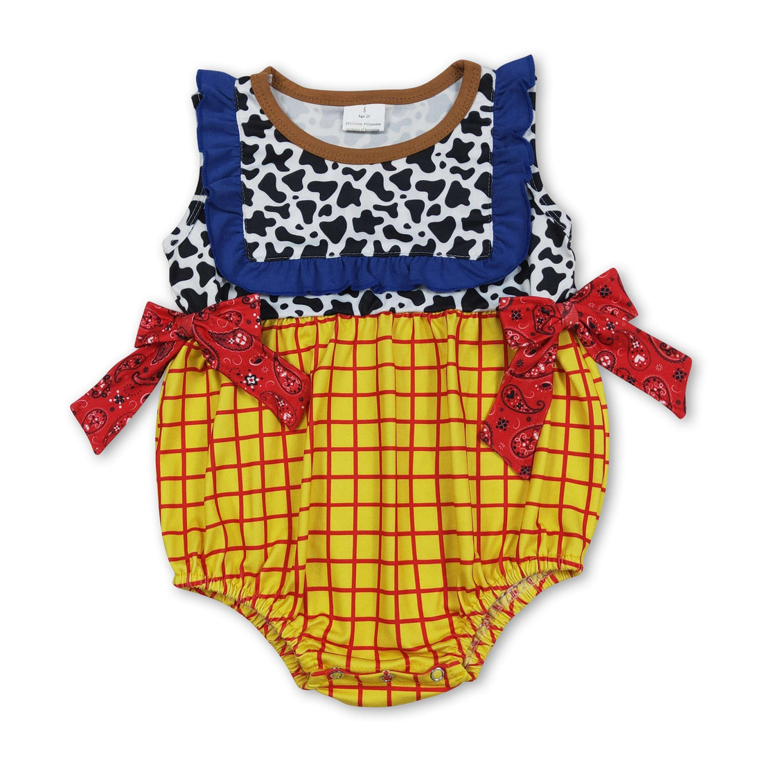 Mini Rodeo sleeveless cow plaid baby girls summer romper, girl bubbles style, featuring a cute cow plaid design.